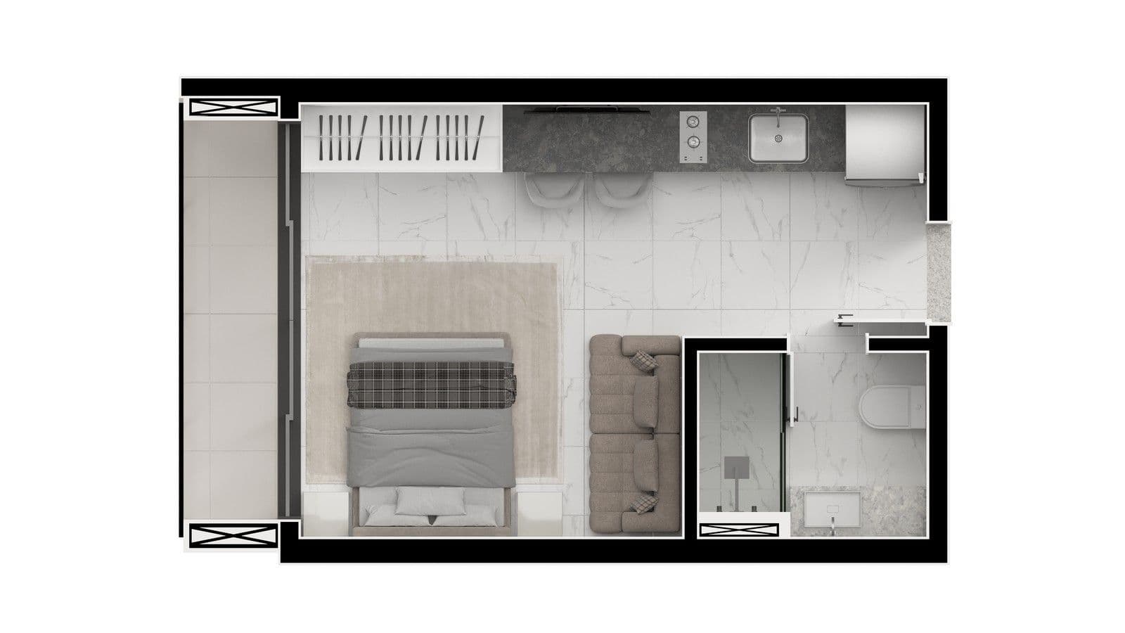 Planta ilustrativa de um studio do VERUS, com cama, sofá, cozinha linear e banheiro separado